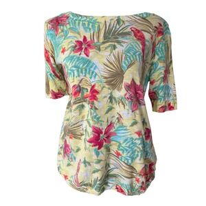 Talbots Tropical Knit Top Womens Petite M Yellow Floral Coastal Beach Vacation